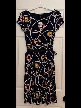NEW Ralph Lauren Nautical Anchor Blue Short Sleeve A-Line Dress Ladies Medium